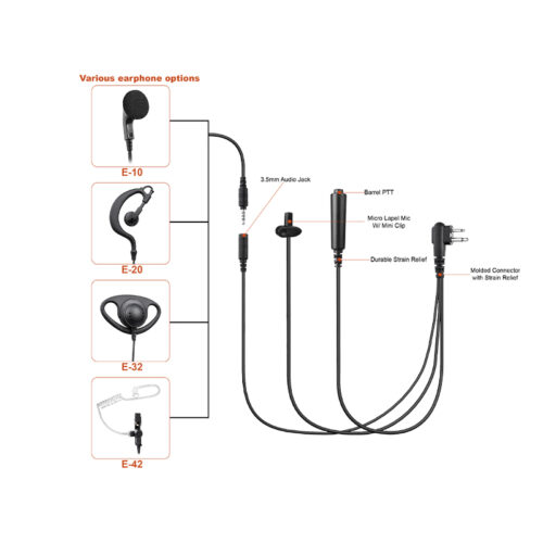 EM-320140 3-Wire Adjustable D-Ring Earpiece with Barrel PTT and Micro Lapel Mic
