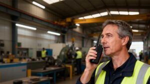 Workers in a factory using MOTOTRBO DP1400 radios for radio communication