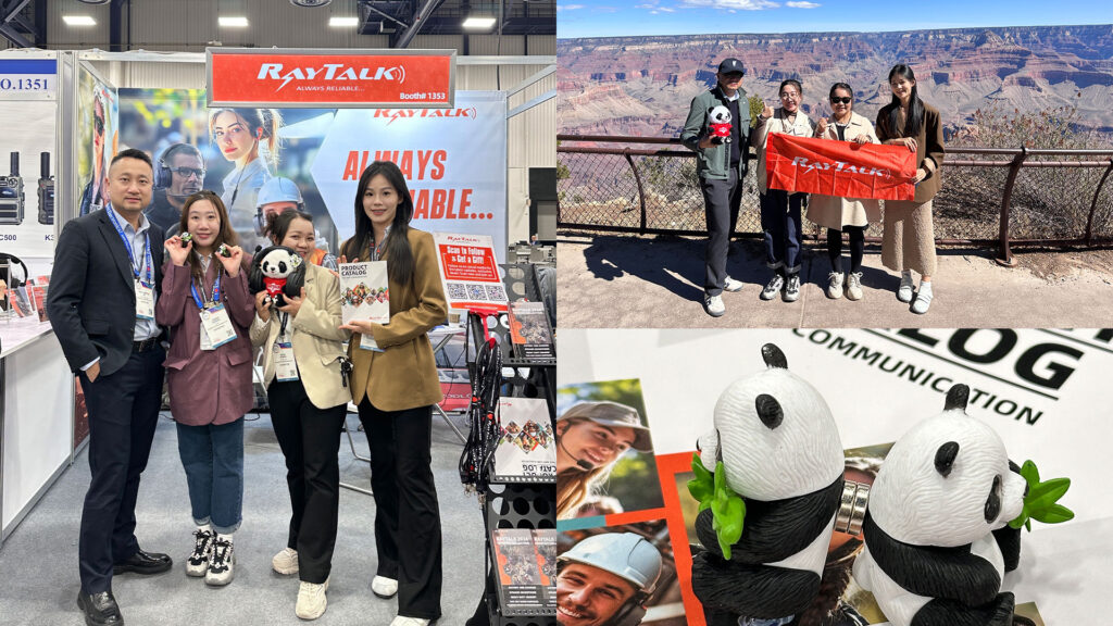 RayTalk team holding a panda figurine and brochures while enjoying business sightseeing in Las Vegas